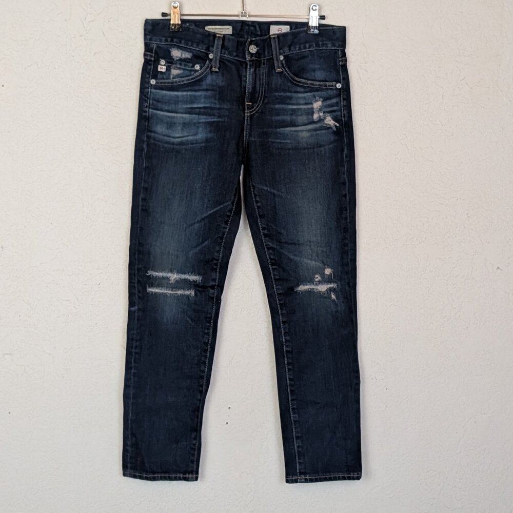 AG Ex boyfriend Slouchy Slim Crop Distressed Jean 3 Yr Axis Repaired Dark